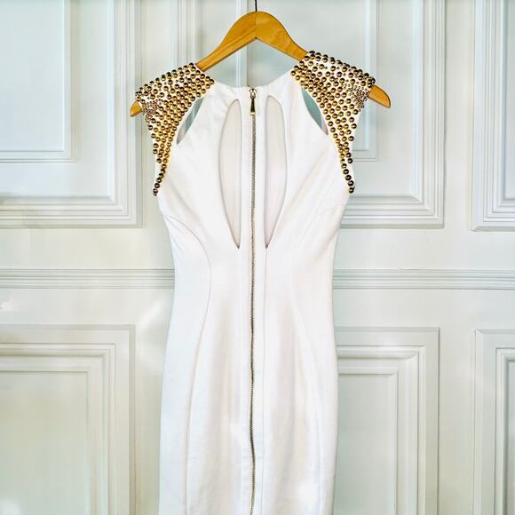 BEBE Addiction White Bodycon Mini with Gold Studded Shoulders XS - Picture 3 of 11